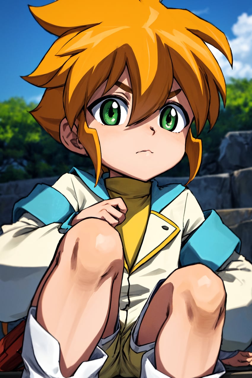 1boy, >:(, beyblade, boots, child, closed_mouth, day, green_eyes, jacket, long_sleeves, male_focus, mix-pro, non-web_source, orange_hair, santiagosfx, self-upload, short_hair, shorts, solo, tendou_yuu, tensor_art, v-shaped_eyebrows, white_footwear, white_jacket, white_shorts