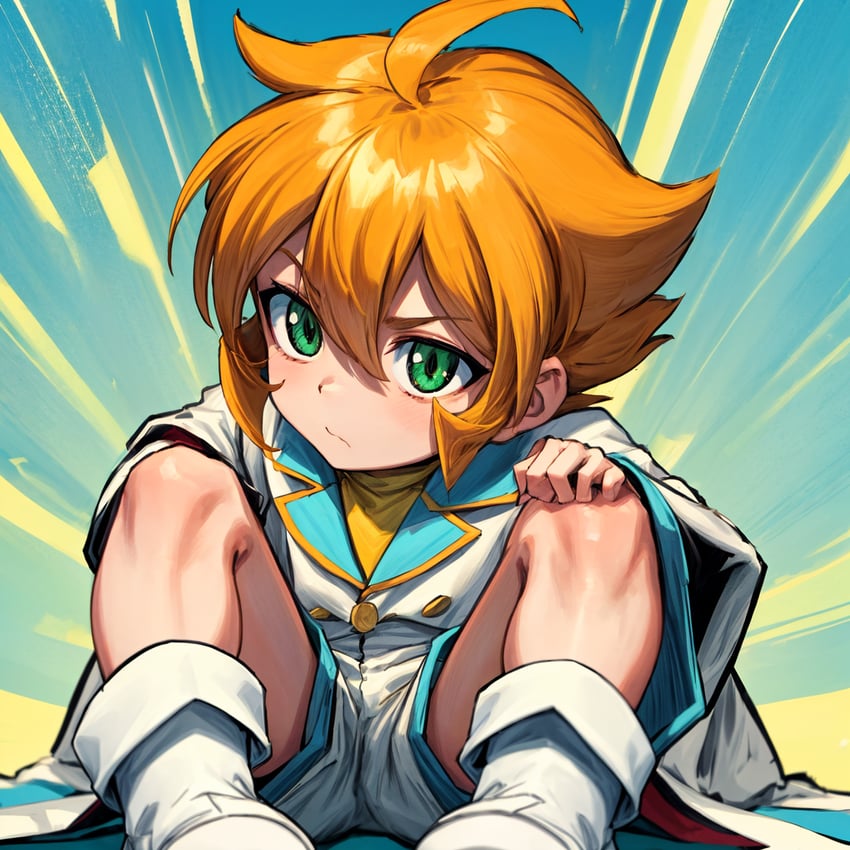 1boy, >:(, beyblade, boots, child, closed_mouth, green_eyes, hair_between_eyes