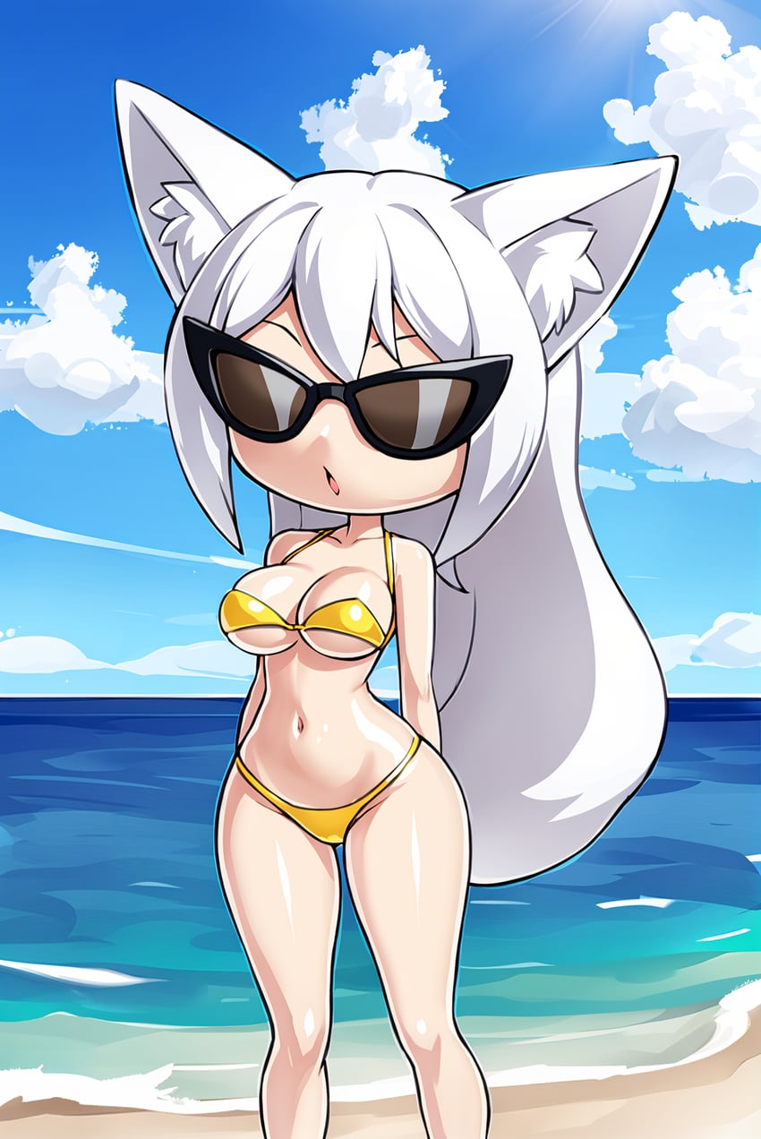 1girl, animal_ears, beach, bikini, breasts, commentary, day, fox_ears, highres, irismix, japanese_commentary, knick_knack, long_hair, lora, non-web_source, ocean, pixar, placky_lfc, self-upload, solo, sunglasses, sunny_miami_doll_(knick_knack), swimsuit, white_hair, yellow_bikini