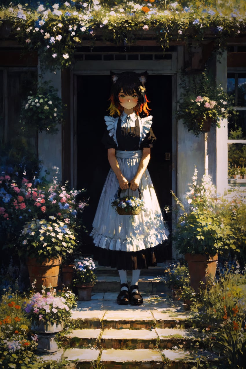 1girl, absurdres, animal_ears, apron, bangs, basket, black_dress, black_footwear