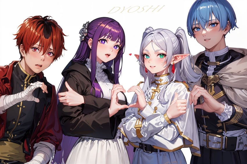 2boys, 2girls, absurdres, bandaged_arm, bandages, bangs, belt, blue_eyes