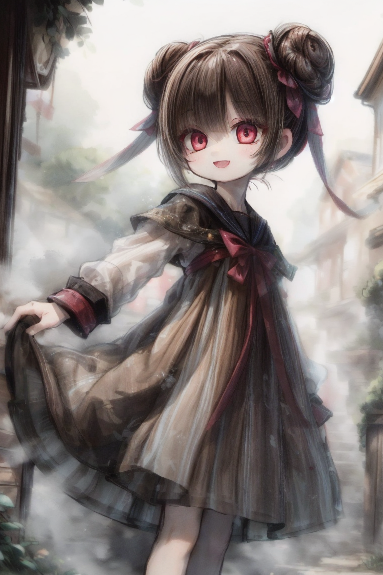 1girl, :d, bangs, blurry, blurry_background, blush, bow, brown_dress, brown_hair, child, depth_of_field, double_bun, dress, faux_traditional_media, feet_out_of_frame, fog, hair_bun, long_sleeves, looking_at_viewer, lora, ninekey, ninekeymix, open_mouth, outdoors, red_bow, red_eyes, ribbon, sailor_collar, skirt_hold, smile, solo, standing, wangzhe_rongyao, yao_(wangzhe_rongyao)