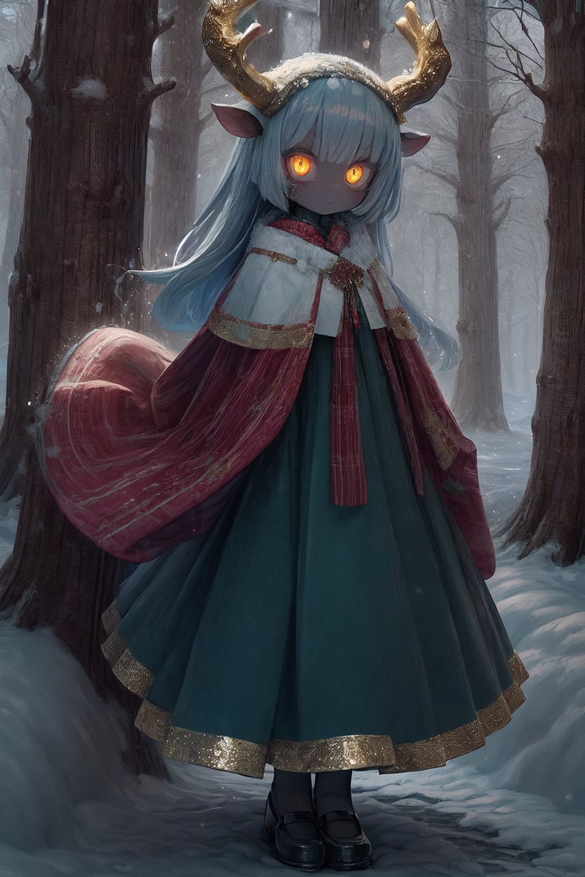 1girl, animal_ears, antlers, bangs, bare_tree, black_footwear, bleny, blue_hair