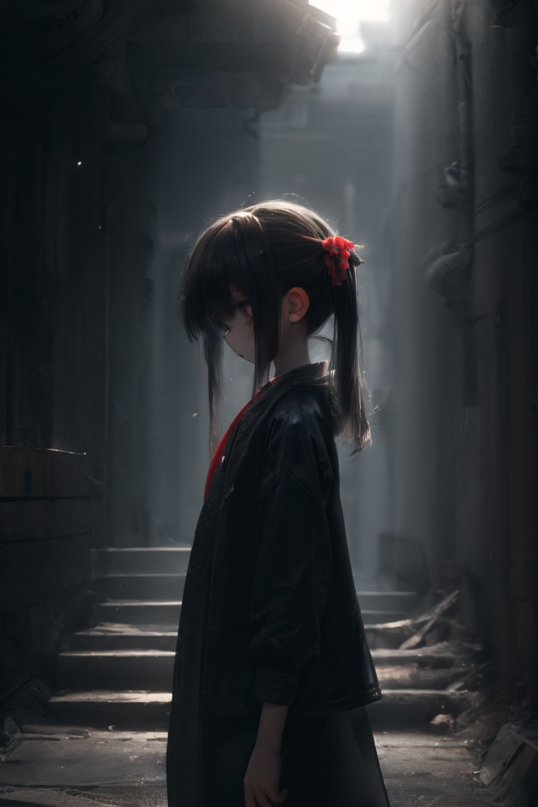 1girl, a_(model), alley, arms_at_sides, black_hair, blurry, closed_mouth, depth_of_field