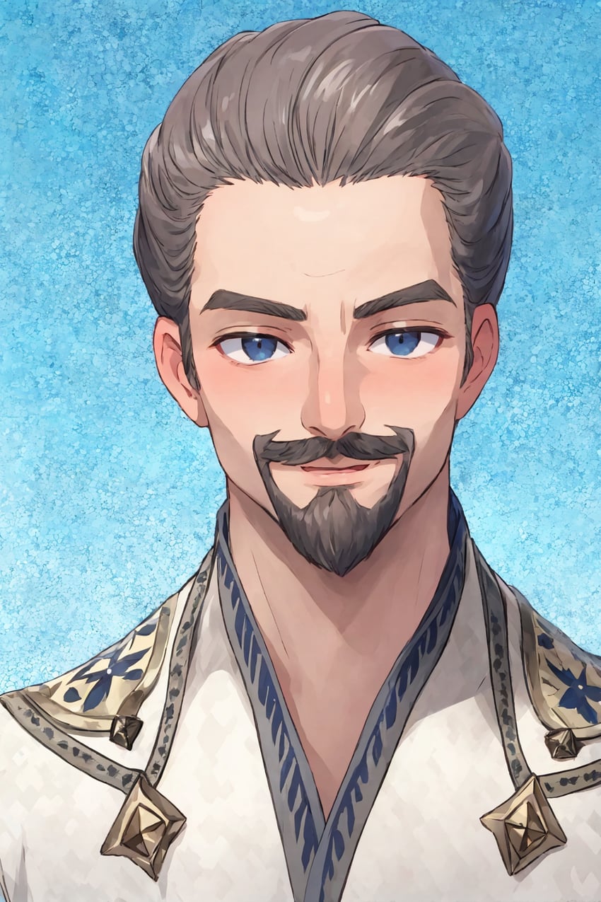 1boy, beard, blue_background, blue_eyes, commentary, facial_hair, highres, irismix