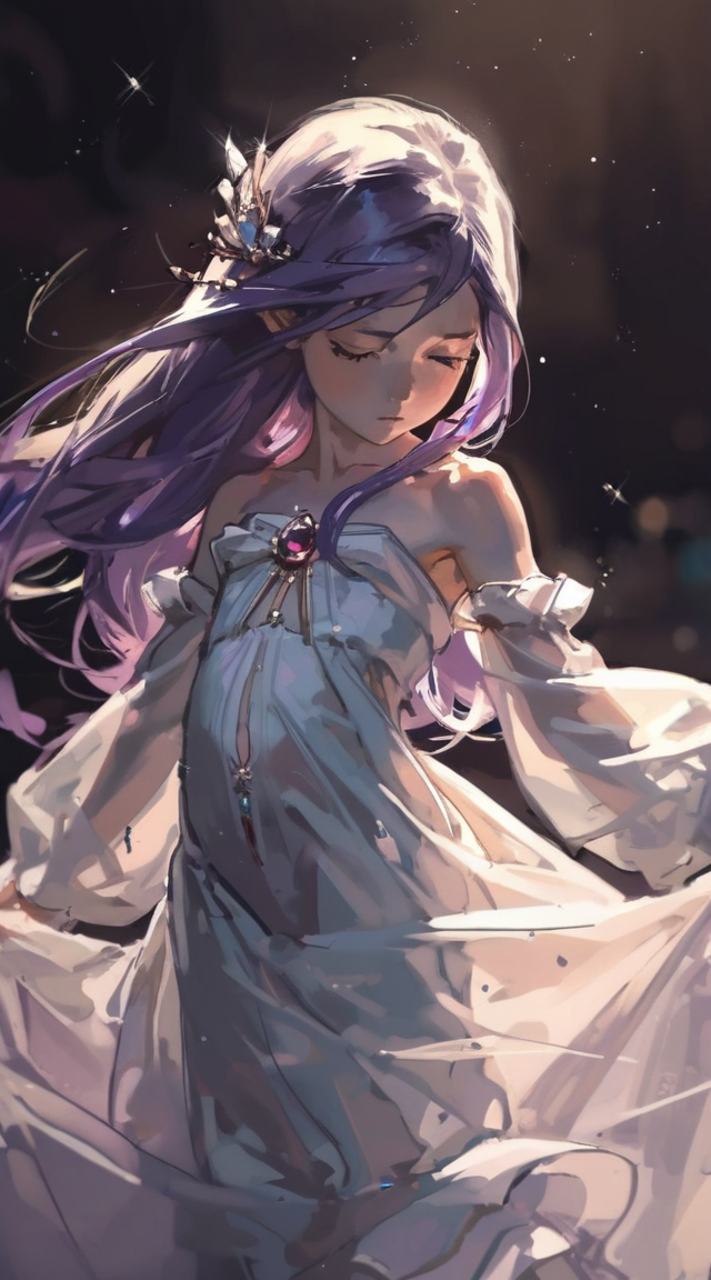 1girl, 218xl, bare_shoulders, blush, brooch, closed_eyes, closed_mouth, collarbone