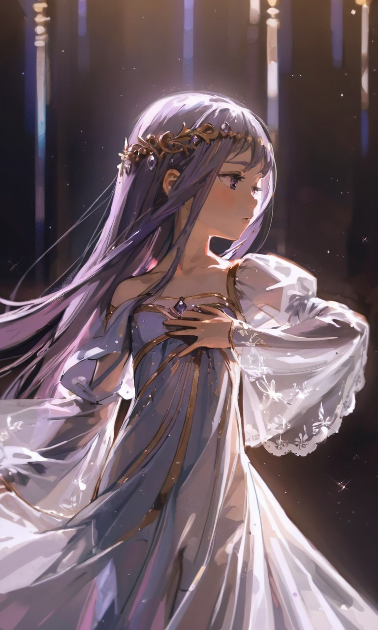 1girl, 218xl, adetailer, bare_shoulders, blush, circlet, collarbone, cowboy_shot, detached_sleeves, dress, expressionless, flat_chest, floating_hair, hand_on_own_chest, hand_up, inpainted, juicer69, kuudere, light, light_particles, long_dress, long_hair, long_sleeves, looking_away, looking_to_the_side, non-web_source, off-shoulder_dress, off_shoulder, original, puffy_sleeves, purple_eyes, purple_hair, rella_(style), see-through, see-through_silhouette, see-through_sleeves, self-upload, solipsist_(style), solo, standing, strapless, strapless_dress, tiara, very_long_hair, white_dress