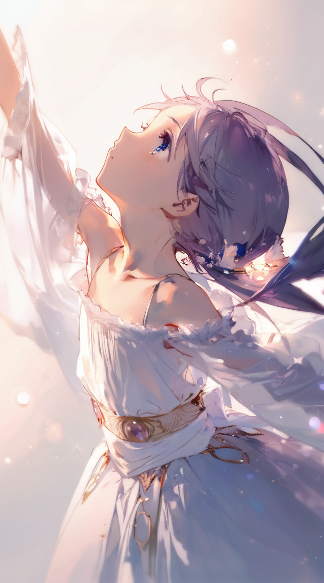 1girl, 218xl, arm_up, bare_shoulders, blue_eyes, collarbone, detached_sleeves, dress