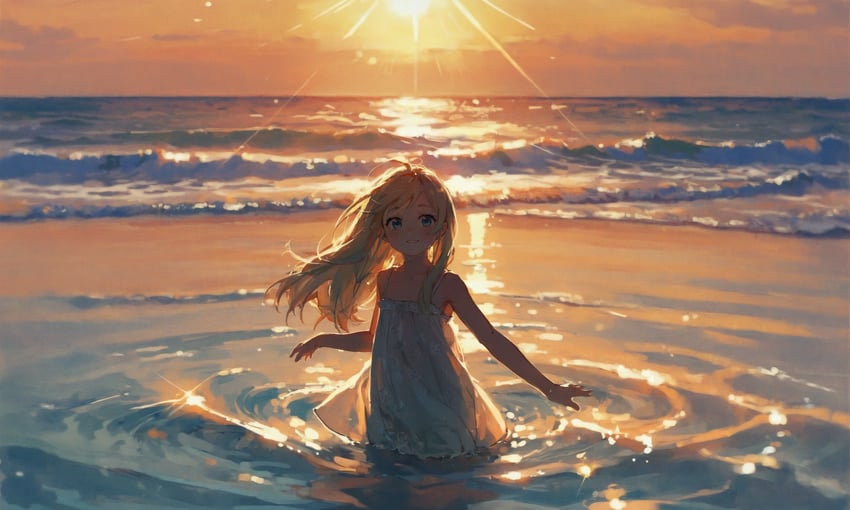 1girl, 218xl, absurdres, backlighting, beach, blonde_hair, blue_eyes, blush, cloud, diffraction_spikes, dress, floating_hair, highres, horizon, juicer69, landscape, light_rays, long_hair, non-web_source, ocean, original, partially_submerged, rella_(style), ripples, scenery, self-upload, sky, smile, solipsist_(style), solo, sun, sundress, sunset, waves