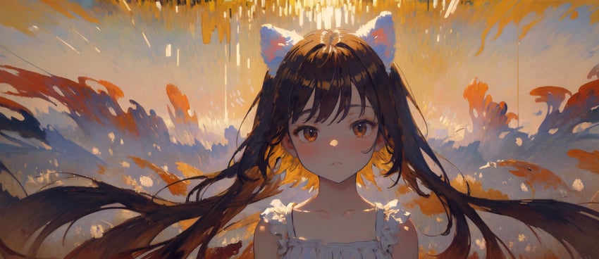 1girl, abstract, abstract_background, animal_ears, backlighting, bangs, blush, brown_eyes