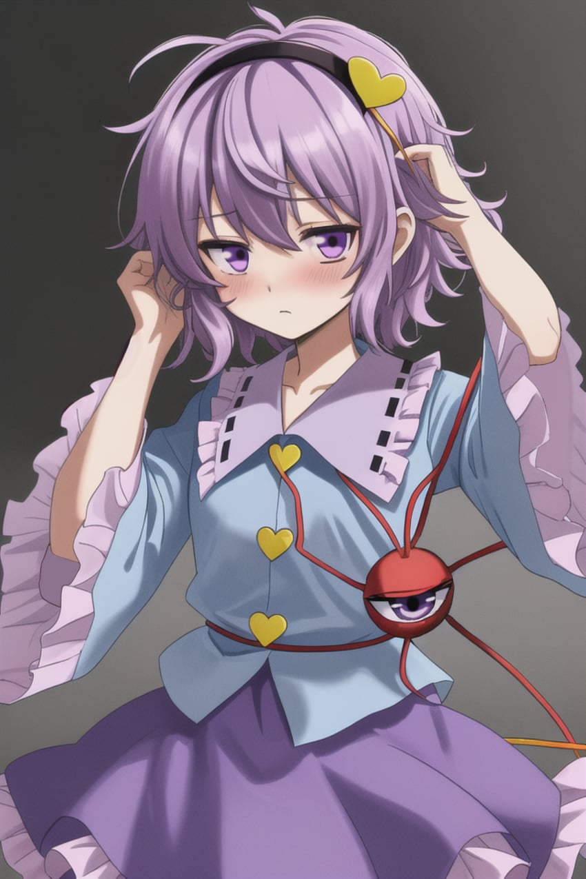 1girl, bangs, black_hairband, blouse, blue_shirt, blush, closed_mouth, cowboy_shot