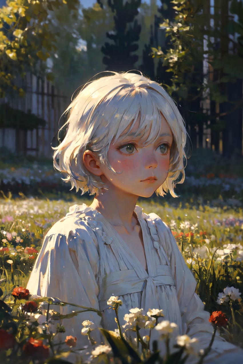 1girl, blurry, blurry_background, blurry_foreground, claude_monet_(style), closed_mouth, dappled_sunlight, depth_of_field, dress, faux_painting, faux_traditional_media, field, flower, flower_field, forest, from_side, grass, grey_eyes, impressionism, long_sleeves, looking_afar, looking_ahead, looking_away, nature, non-web_source, on_ground, original, outdoors, red_flower, self-upload, short_hair, sitting, solo, sulph, sunlight, upper_body, white_dress, white_flower, white_hair, yellow_flower, yukige