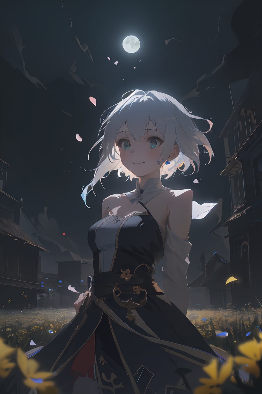 1girl, arms_behind_back, bangs, bare_shoulders, black_dress, blue_eyes, blue_flower, breasts