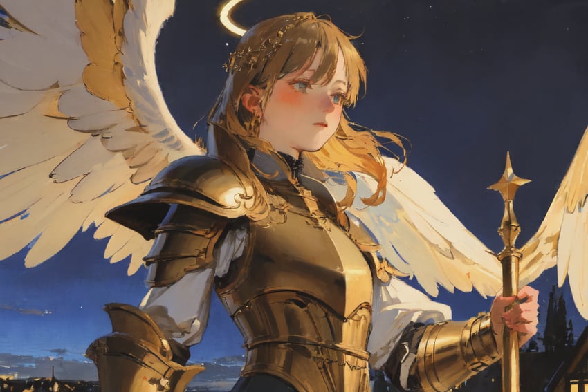1girl, angel, angel_wings, armor, bangs, blonde_hair, breastplate, brown_hair