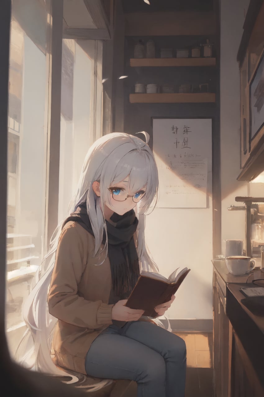 1girl, ahoge, bangs, black_scarf, blue_eyes, blue_pants, blurry, book