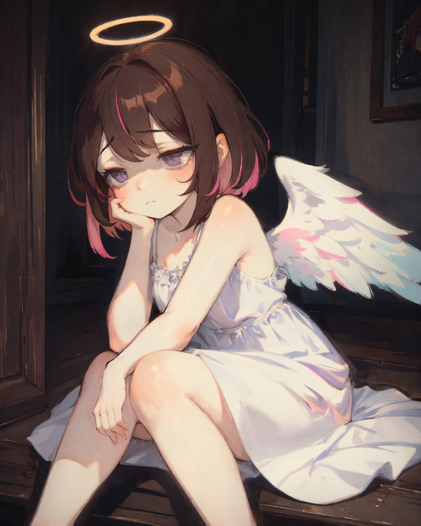 1girl, angel_wings, azki_(hololive), bags_under_eyes, brown_hair, closed_mouth, colored_inner_hair, dress, elbow_rest, feathered_wings, feet_out_of_frame, frilled_dress, frills, halo, hand_on_own_cheek, hand_on_own_face, hand_on_own_knee, head_rest, highres, hololive, indoors, inpainted, knees, knees_together_feet_apart, leaning_forward, looking_away, lora, mini_wings, multicolored_hair, multidiffusion, mung_bean_soup, non-web_source, pink_hair, poochilli, purple_eyes, resized, self-upload, sitting, solo, spaghetti_strap, sundress, two-tone_hair, upscaled, virtual_youtuber, white_dress, white_wings, wings, wooden_floor