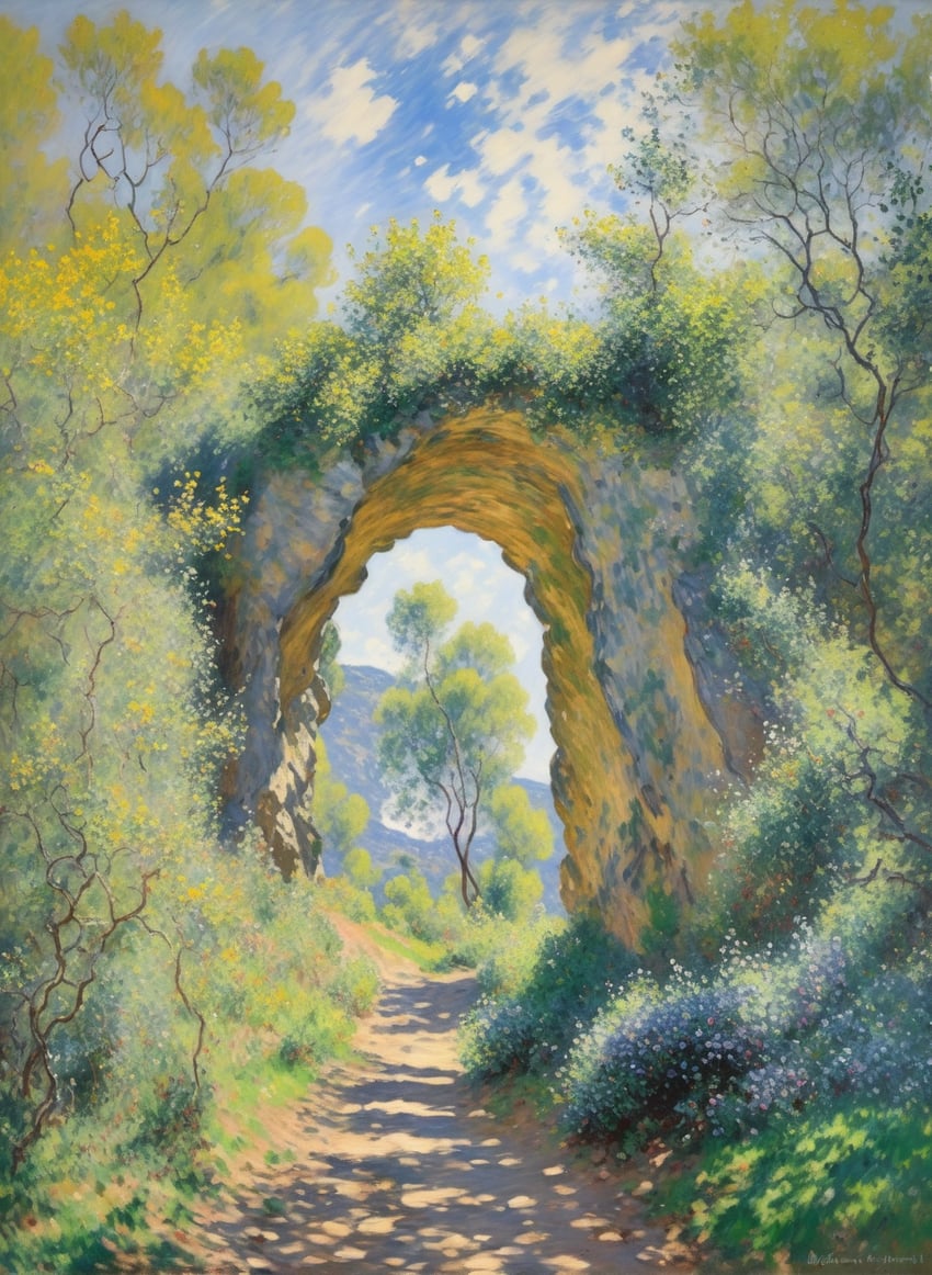 blue_sky, bush, claude_monet_(style), cloud, cloudy_sky, comfyui, day, drawfag