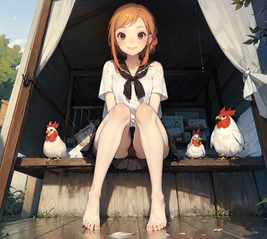 1girl, absurdres, bangs, barefoot, bird, black_skirt, brown_eyes, chicken