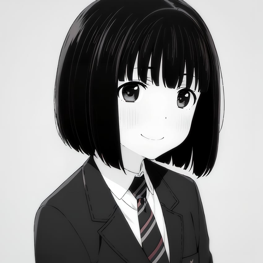 1girl, bangs, black_hair, black_jacket, black_necktie, blazer, blunt_bangs, blush