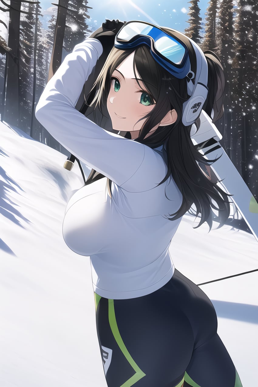 1girl, ai-ya, ass, black_gloves, black_hair, blue-tinted_eyewear, blue_sky, breasts, conifer, day, eyewear_on_head, gloves, goggles, goggles_on_head, green_eyes, holding, holding_skis, jacket, large_breasts, long_hair, long_sleeves, looking_at_viewer, metadata_request, novelai, original, outdoors, pine_tree, sky, smile, snow, snowing, solo, tinted_eyewear, tree, white_jacket, winter