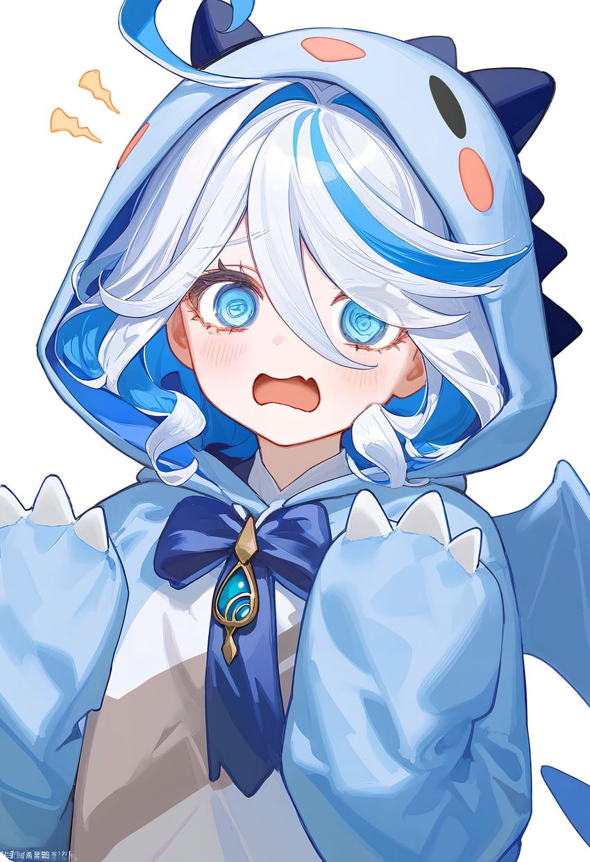 1girl, absurdres, ahoge, animal_costume, blue_eyes, blue_hair, blue_pajamas, dragon_costume