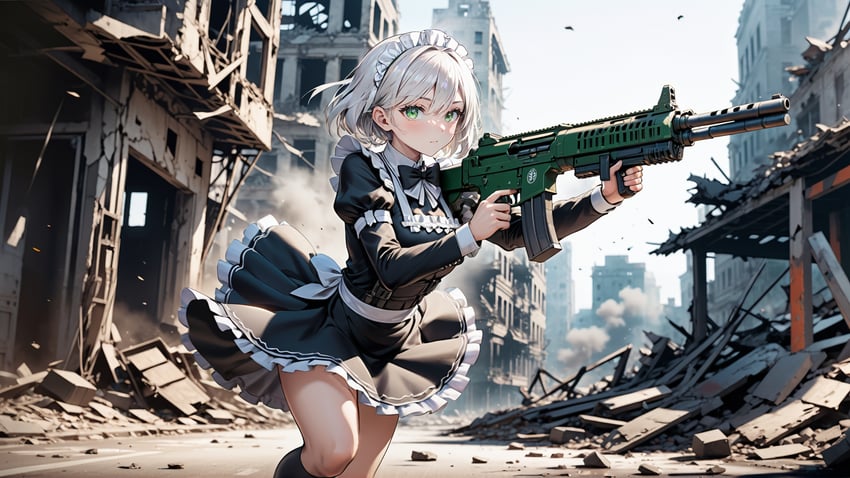 1girl, albedobase_xl, convergence_(model), dress, evakuator, green_eyes, gun, highres, holding, holding_gun, holding_weapon, inpainted, maid, maid_headdress, metadata_request, non-web_source, original, outdoors, ruins, self-upload, solo, weapon