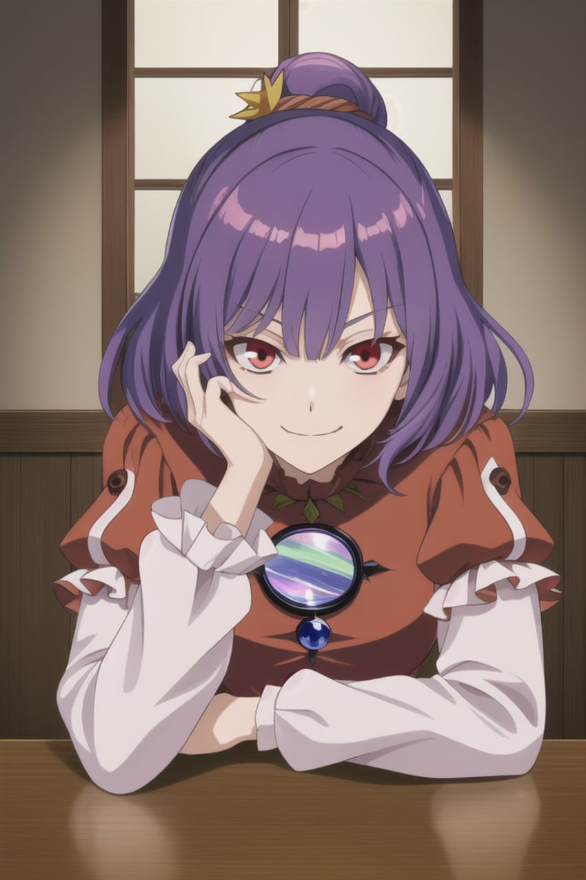 1girl, anime_coloring, arm_rest, arm_support, bangs, blunt_bangs, breasts, brown_background