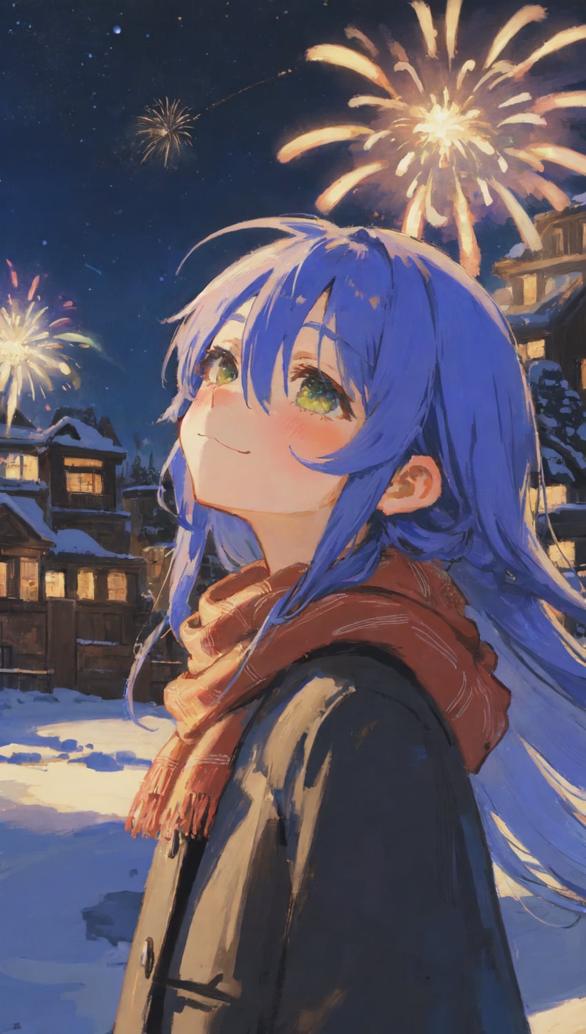 1girl, :3, aerial_fireworks, bangs, black_coat, black_jacket, blue_hair, blush, building, closed_mouth, coat, commentary, derivative_work, english_commentary, fireworks, from_side, green_eyes, hair_between_eyes, highres, house, izumi_konata, jacket, jemnite, light_smile, long_hair, long_sleeves, looking_afar, looking_away, looking_up, lucky_star, mung_bean_soup, night, night_sky, outdoors, red_scarf, scarf, self-upload, sidelocks, sky, smile, snow, snowing, solo, star_(sky), starry_sky, straight_hair, upper_body, very_long_hair, winter, winter_clothes, winter_coat