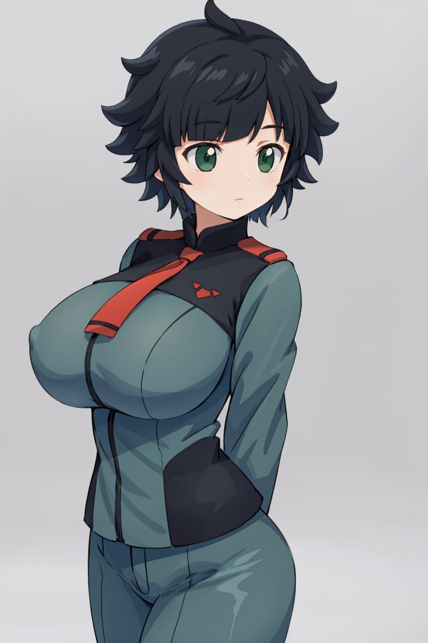 1girl, alternate_breast_size, arms_behind_back, asticassia_school_uniform, black_hair, breasts, commentary, covered_nipples, feet_out_of_frame, green_eyes, gundam, highres, irismix, japanese_commentary, large_breasts, lora, necktie, non-web_source, placky_lfc, red_necktie, regional_prompter, sakura_slash, school_uniform, self-upload, short_hair, solo