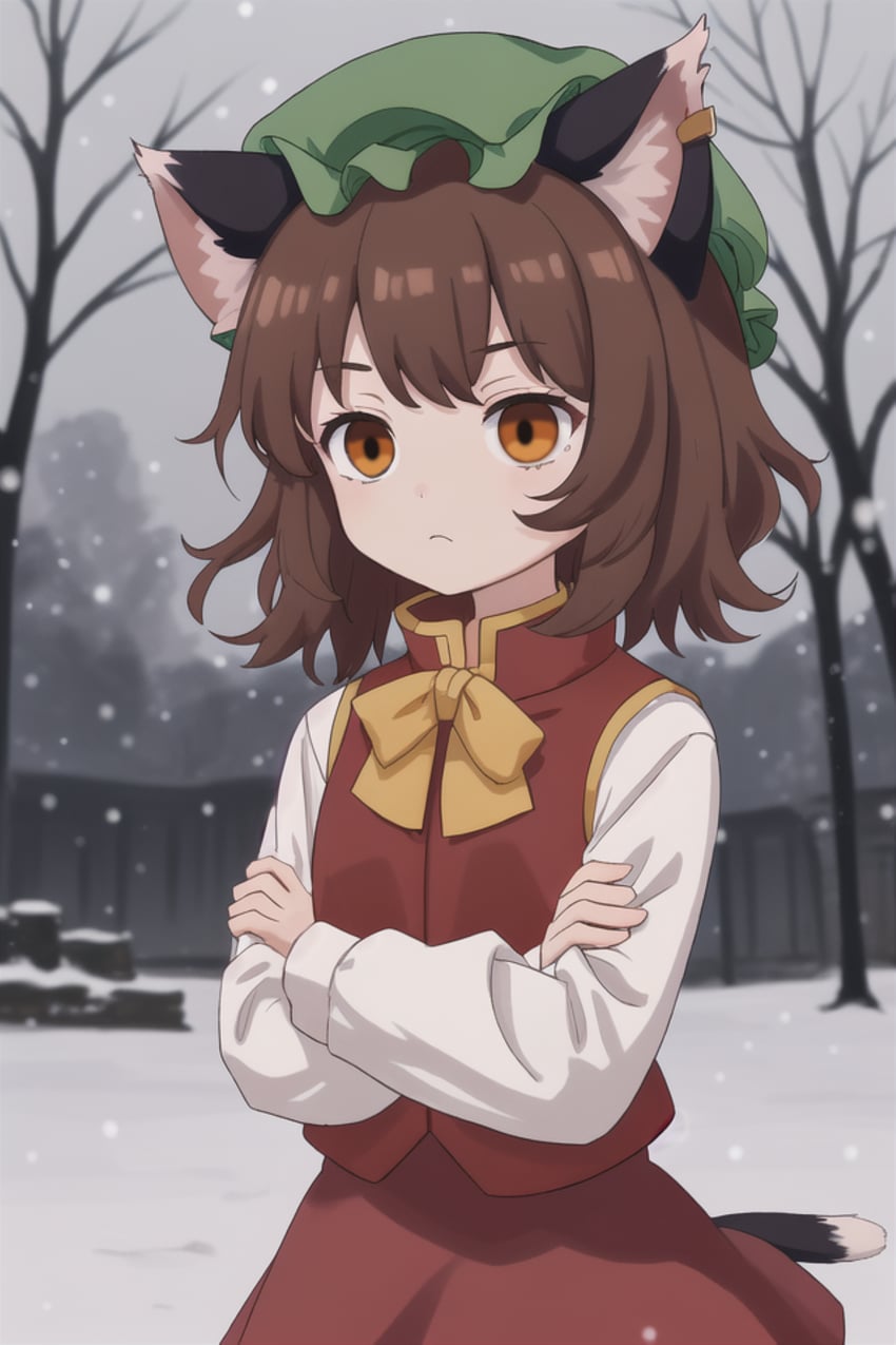 1girl, animal_ears, bare_tree, bow, bowtie, brown_eyes, brown_hair, cat_ears