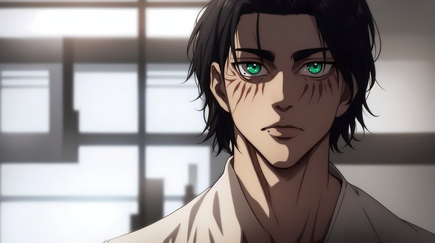 1boy, anything_(model), bangs, black_hair, blurry, blurry_background, closed_mouth, eren_yeager