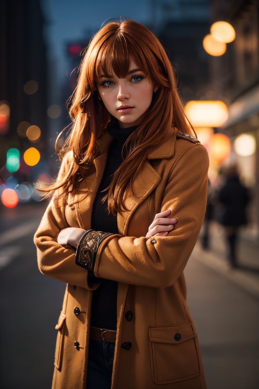 1girl, bangs, blue_eyes, blurry, blurry_background, bokeh, brown_hair, coat
