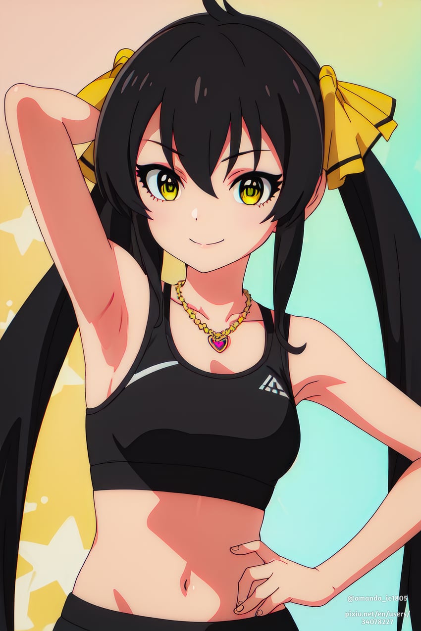 1girl, absurdres, alternate_costume, amanda_ic1805, arm_behind_head, arm_up, armpits, artist_name