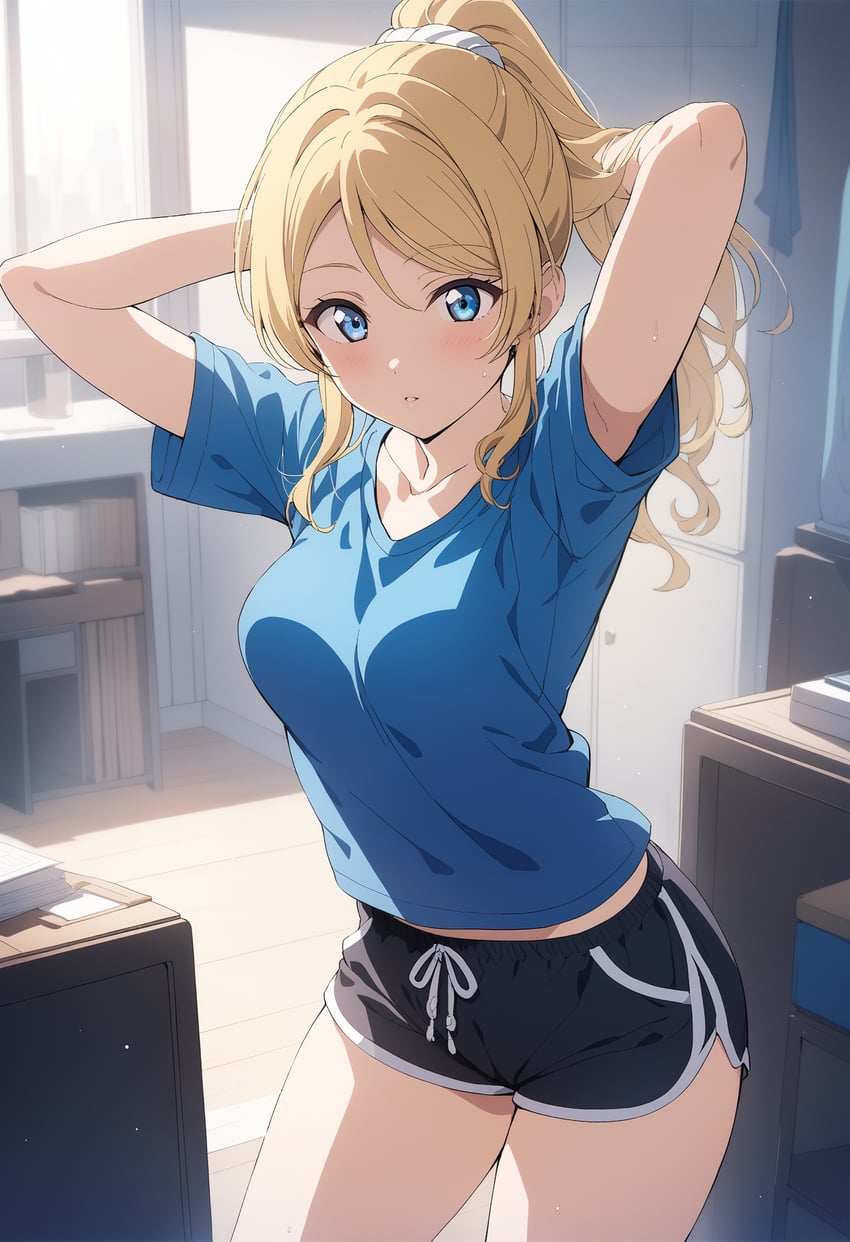 1girl, adjusting_hair, arms_behind_head, arms_up, ayase_eli, bangs, black_shorts, blonde_hair