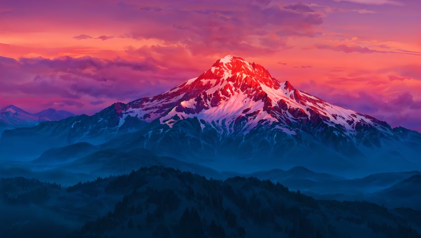 above_clouds, absurdres, cliff, cloud, cloudy_sky, commentary, english_commentary, fog, forest, gradient, gradient_sky, highres, hill, horizon, inno_squirrel, landscape, lora, meinamix, mountain, mountainous_horizon, nature, no_humans, original, outdoors, pink_sky, purple_sky, rock, scenery, sky, sunlight, twilight