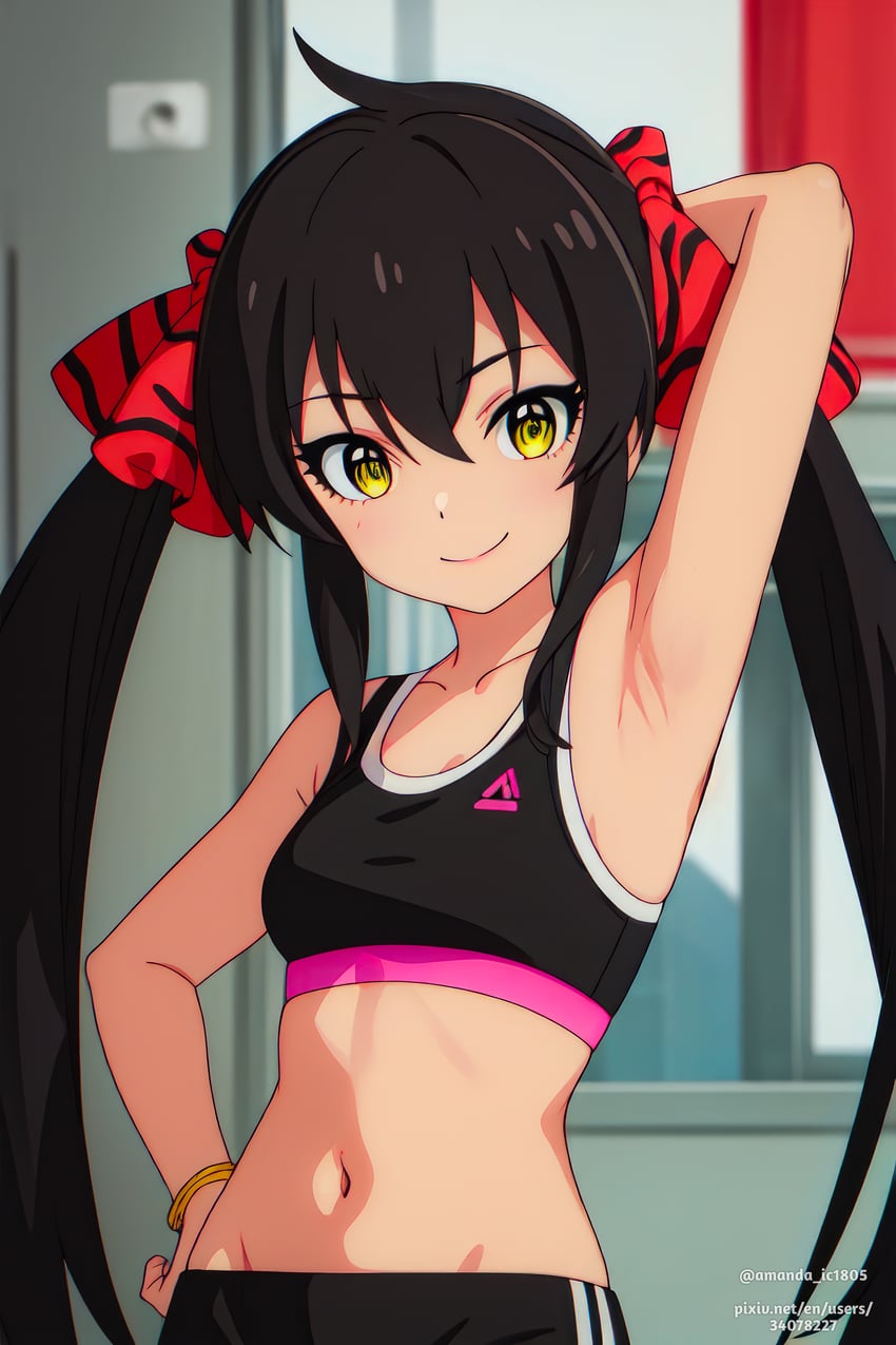 1girl, absurdres, alternate_costume, amanda_ic1805, arm_behind_head, arm_up, armpits, artist_name