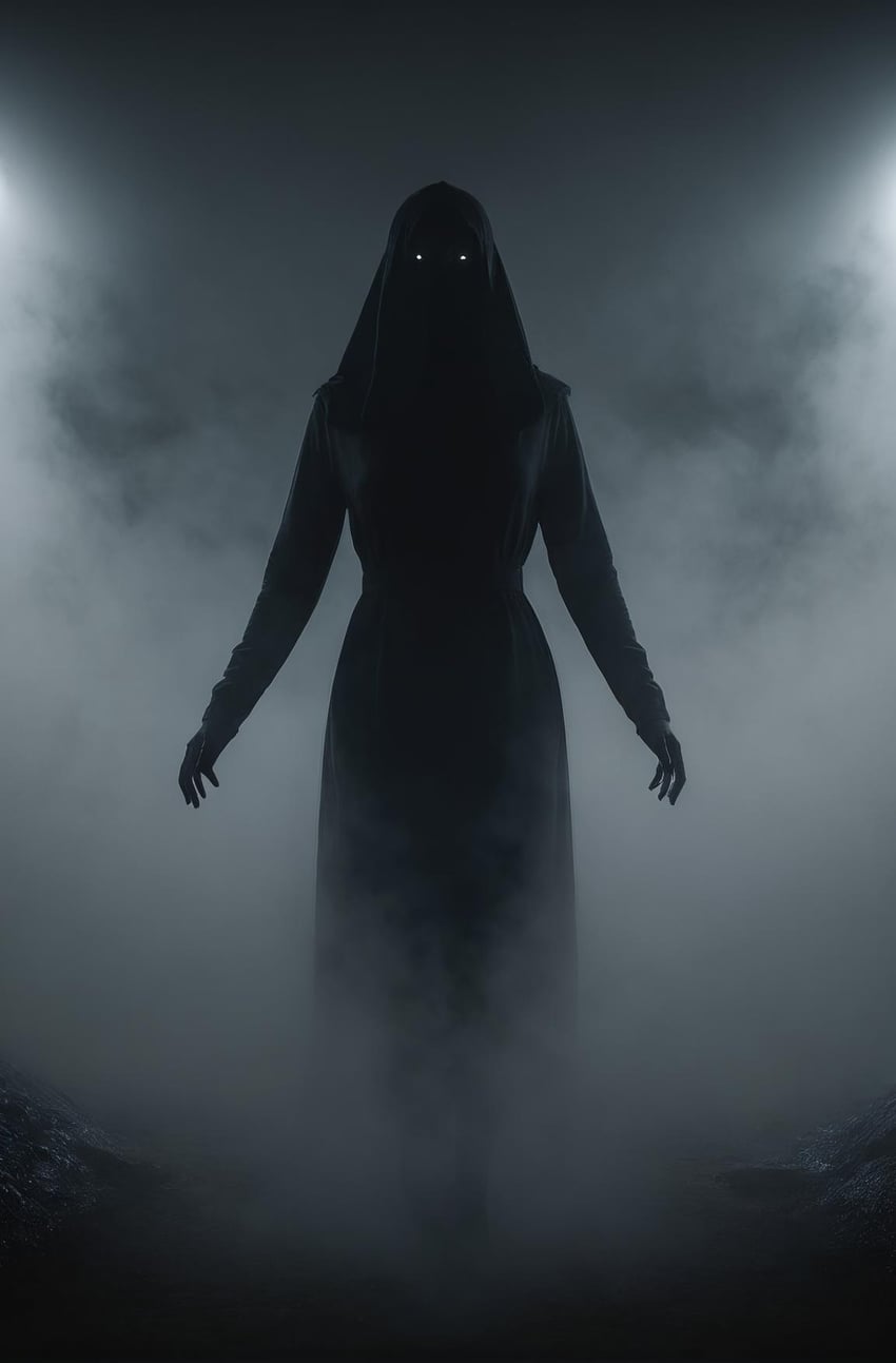 1girl, arms_at_sides, black_robe, faceless, facing_viewer, fog, glowing, glowing_eyes
