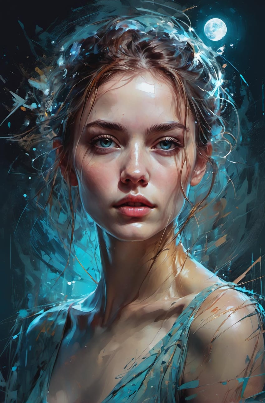 1girl, aqua_shirt, bare_shoulders, blue_eyes, blush, brown_hair, collarbone, forehead