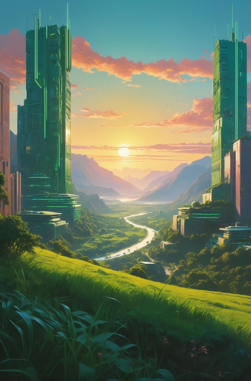 architecture, blue_sky, building, cloud, cloudy_sky, grass, juggernaut_xl, kandooai