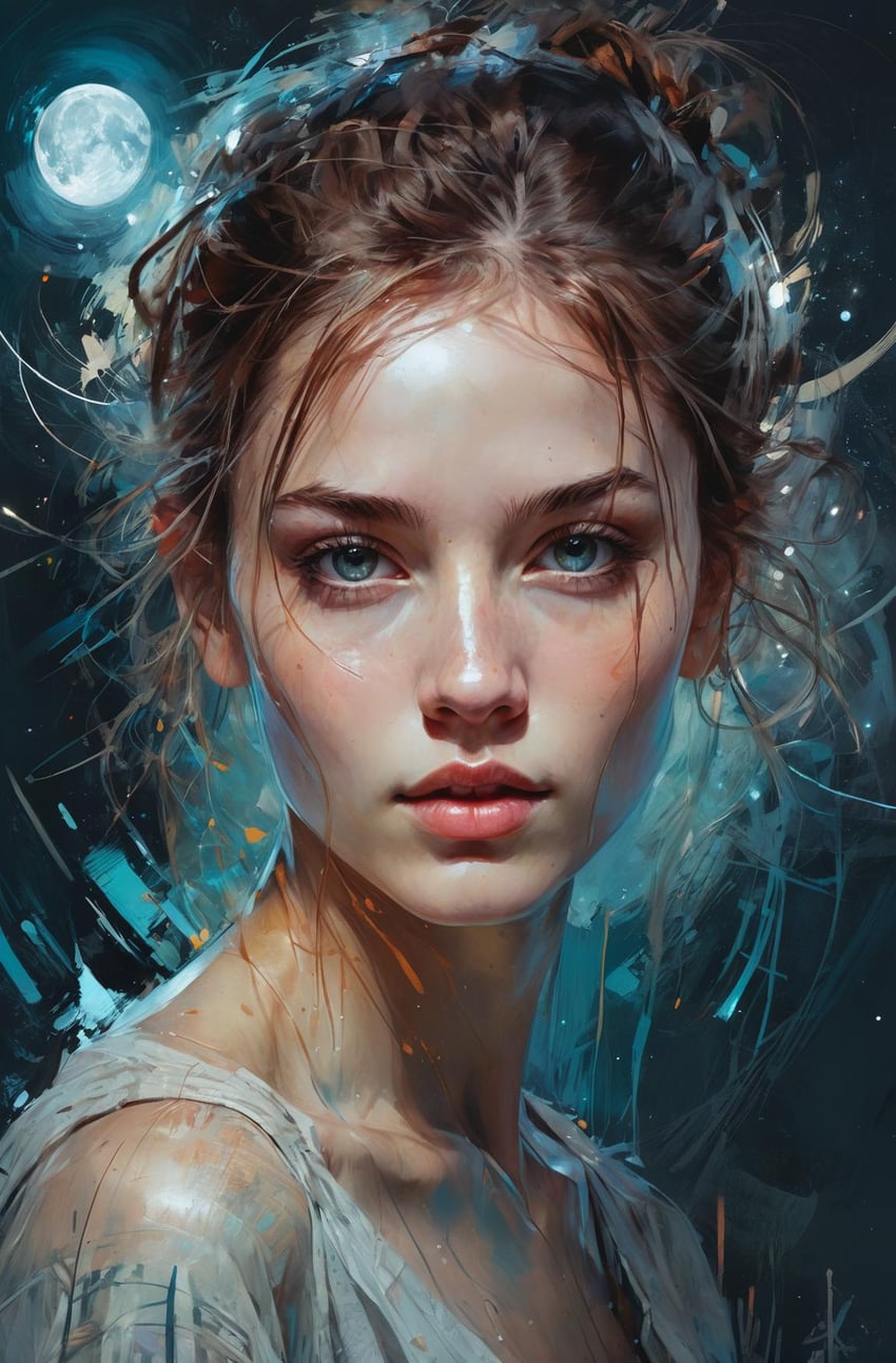 1girl, abstract, blue_background, blue_eyes, brown_hair, collarbone, faux_painting, faux_traditional_media