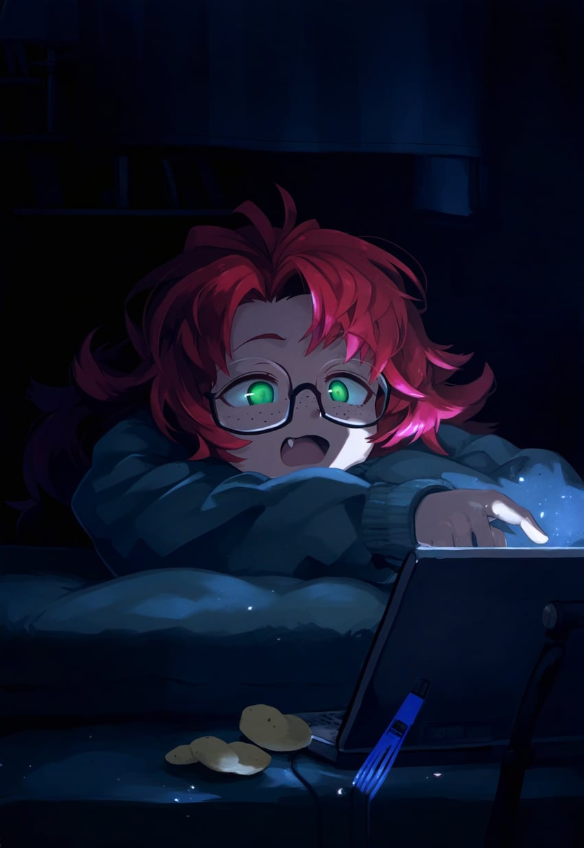 1girl, bag_of_chips, bangs, bed, bedroom, black-framed_eyewear, blob_(artist), chips_(food)