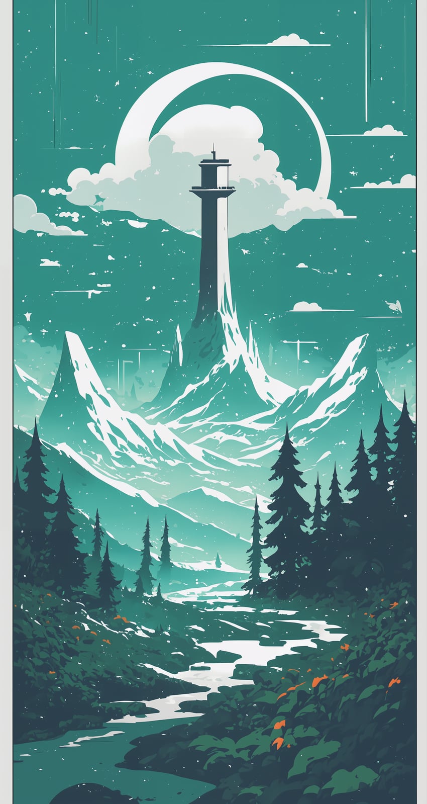 absurdres, ahnn-one, antlers_anon, aqua_theme, border, building, cloud, fantasy