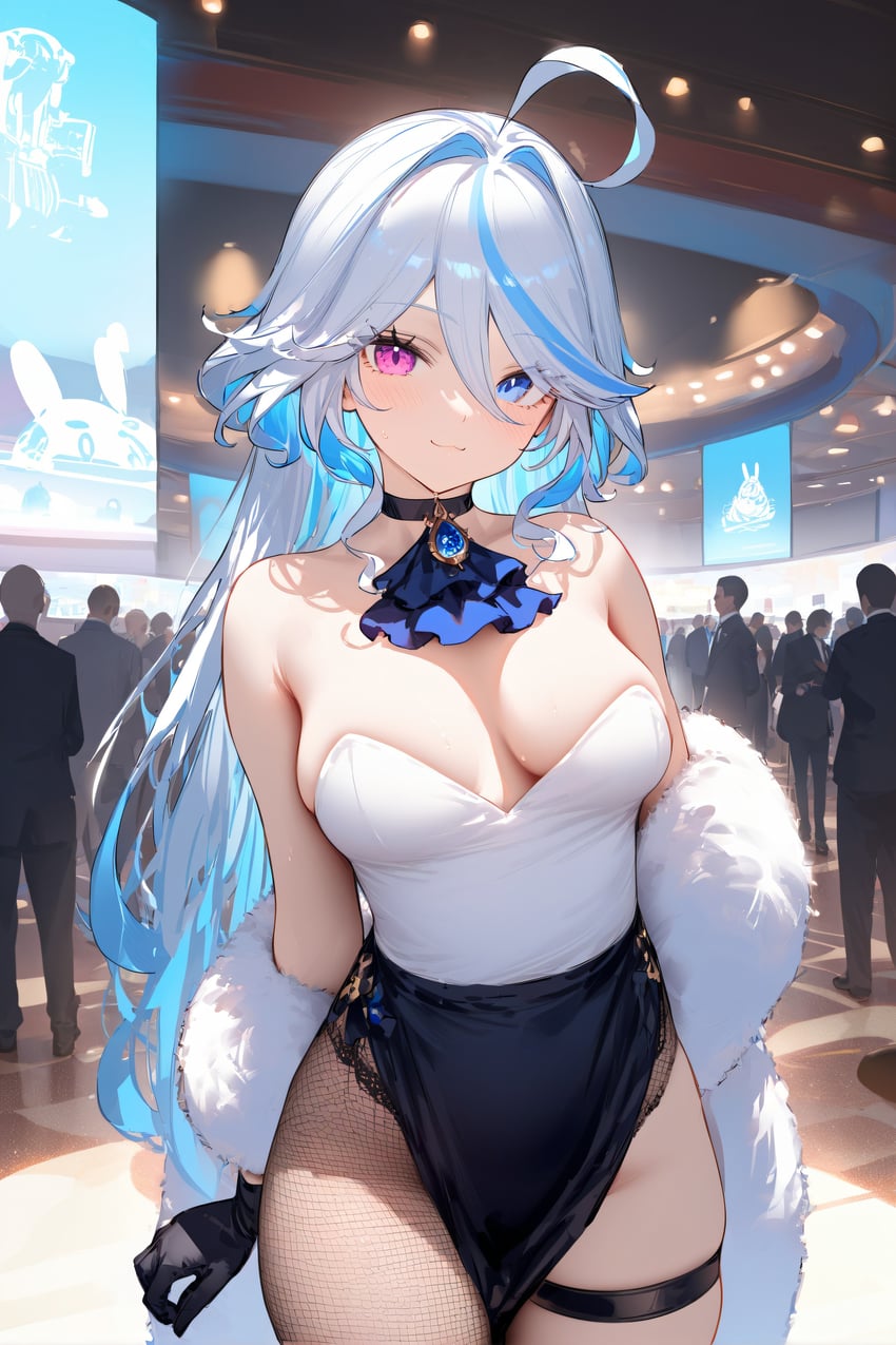 1girl, absurdres, ahoge, armpit_crease, ascot, bare_shoulders, black_choker, black_gloves