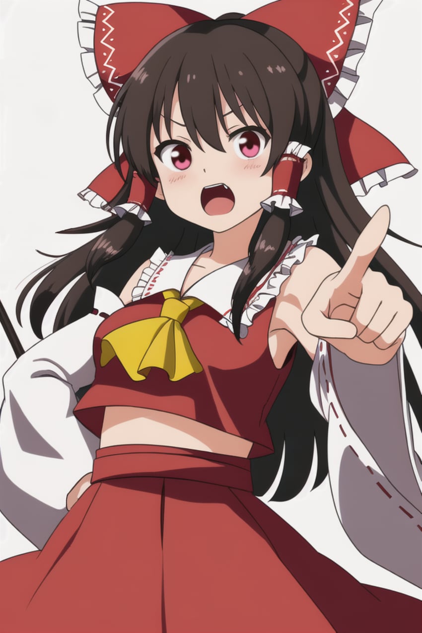 1girl, ascot, bare_shoulders, blush, bow, brown_hair, commentary_request, detached_sleeves, frilled_bow, frilled_hair_tubes, frills, gohei, hair_bow, hair_tubes, hakurei_reimu, hand_on_own_hip, highres, kgmraisys, long_hair, long_sleeves, looking_at_viewer, metadata_request, midriff, model_request, open_mouth, pointing, pointing_at_viewer, red_bow, red_eyes, red_skirt, ribbon-trimmed_sleeves, ribbon_trim, simple_background, skirt, solo, touhou, v-shaped_eyebrows, white_background, white_sleeves, wide_sleeves, yellow_ascot