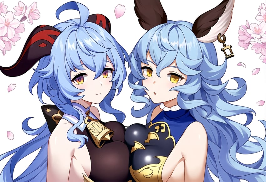 2girls, :o, ahoge, animal_ears, bangs, bare_arms, bare_shoulders, based_mix