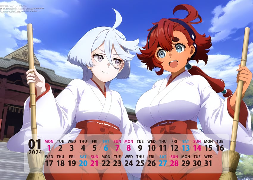 2girls, absurdres, ahoge, alternate_costume, anonymous_(japanese), aqua_eyes, architecture, bamboo_broom