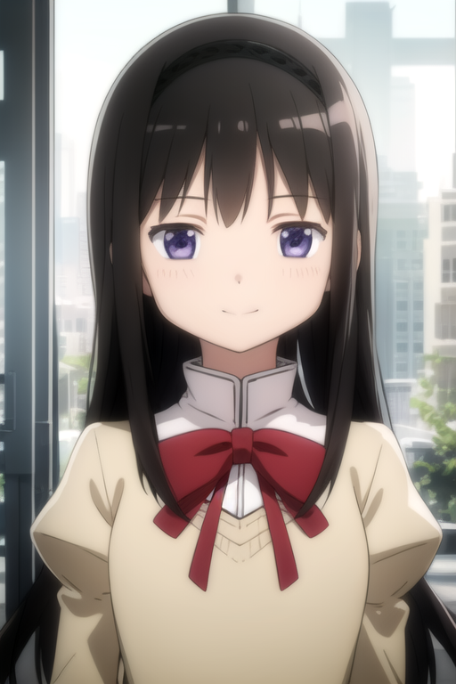 1girl, akemi_homura, anylora_cleanlinearmix, bangs, black_hair, black_hairband, bow, bowtie, closed_mouth, hairband, indoors, juliet_sleeves, king_dong, light_smile, long_hair, long_sleeves, looking_at_viewer, lora, lowres, mahou_shoujo_madoka_magica, mahou_shoujo_madoka_magica_(anime), mitakihara_school_uniform, puffy_sleeves, purple_eyes, red_bow, red_bowtie, school_uniform, shirt, smile, solo, upper_body, window