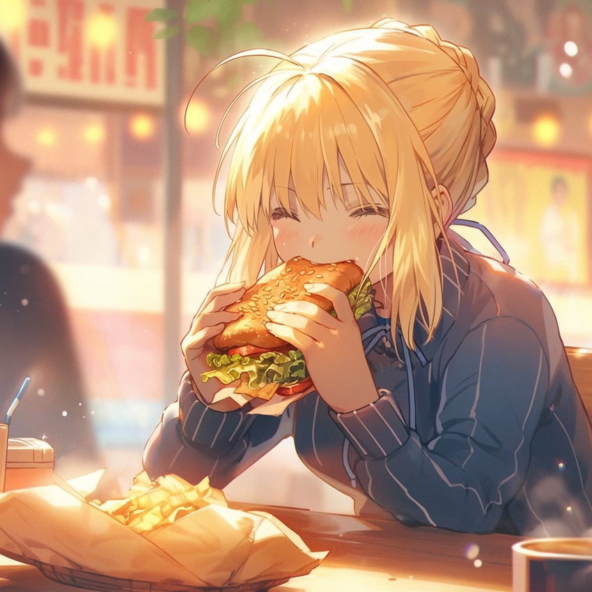 1girl, ^_^, ahoge, alternate_costume, artoria_pendragon_(fate), biting, blonde_hair, blue_ribbon