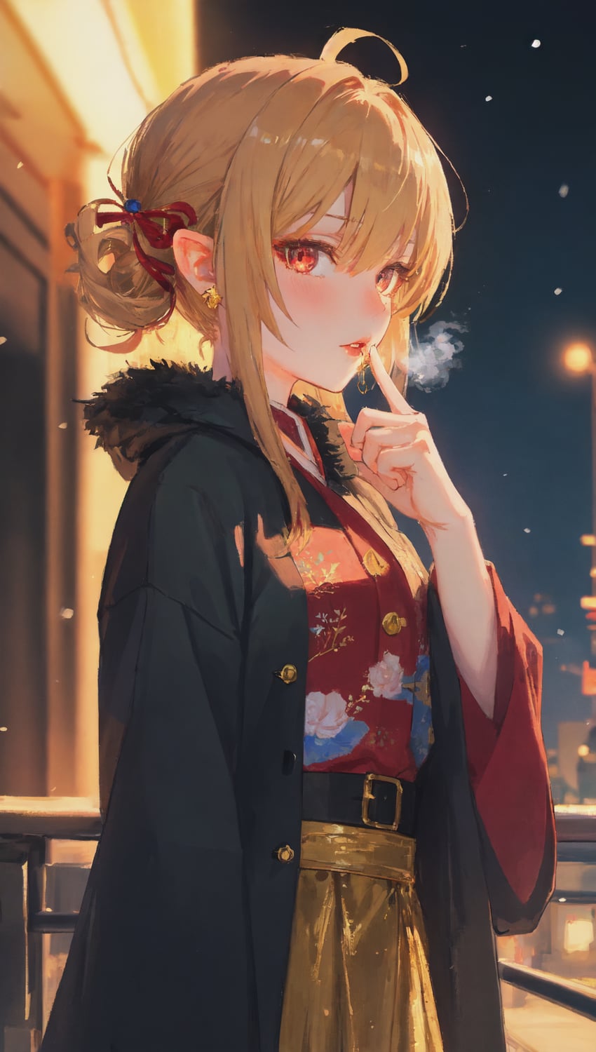 1girl, ahoge, bangs, belt, black_coat, blonde_hair, blush, breath