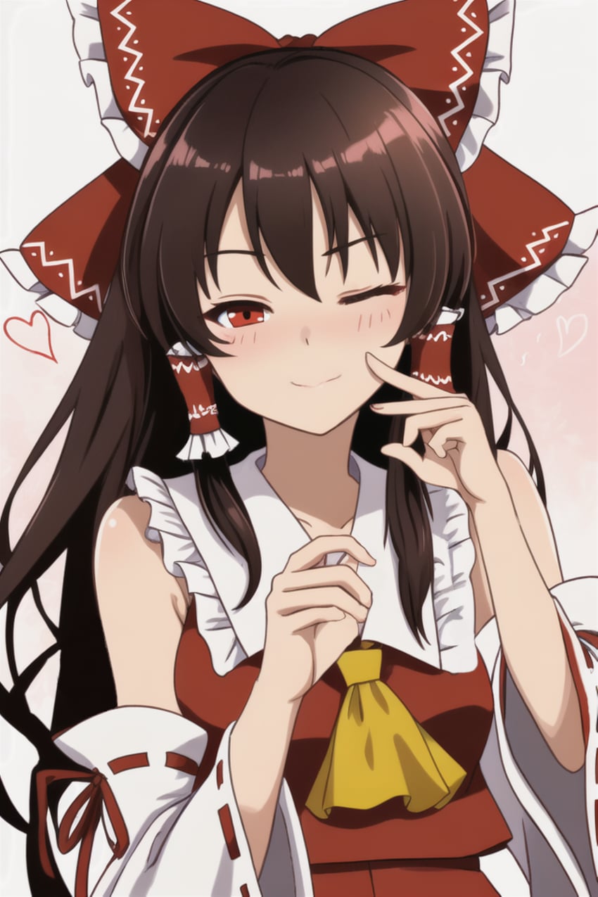 1girl, ascot, bare_shoulders, blush, bow, brown_hair, detached_sleeves, frills